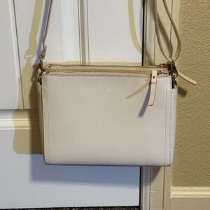 Lo & Sons Pearl ivory leather crossbody with camel jacquard lining